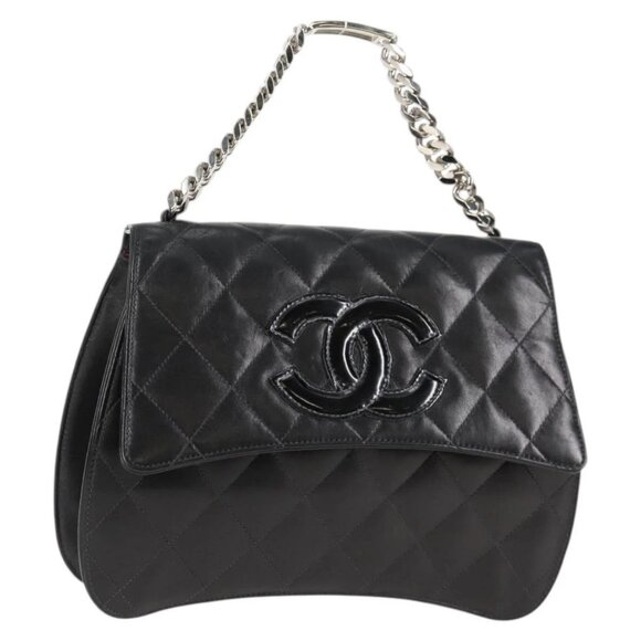 CHANEL Chain Hand Bag Lamb Skin Black Silver CC Auth 138566A - Picture 1 of 16